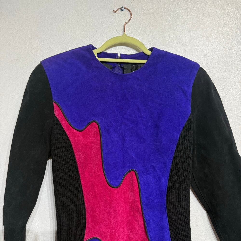 Outerwear by Phoenix Black Colorblock Suede Rib Bodycon Vintage Mini Dress Sz M - Picture 3 of 11